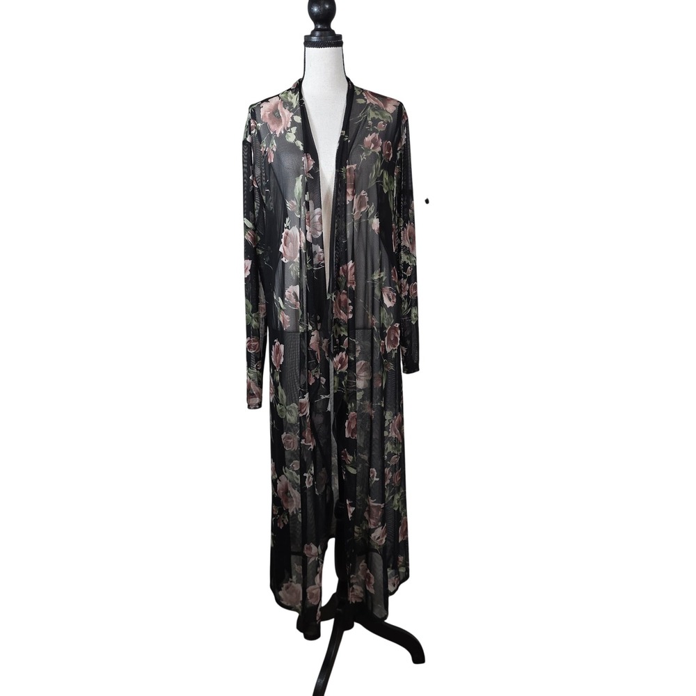 Objex Floral Mesh Duster Cardigan Sheer Long Sleeve Black Pink 3X Boho, Layering